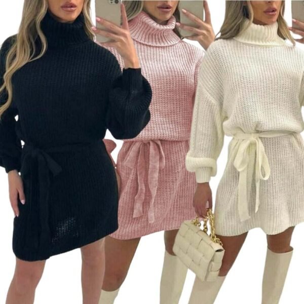 Women's Ladies Knitted Balloon Sleeve Polo Neck Belt Jumper Dress 8-18 Casual Casual Wear Comfort Womenswear