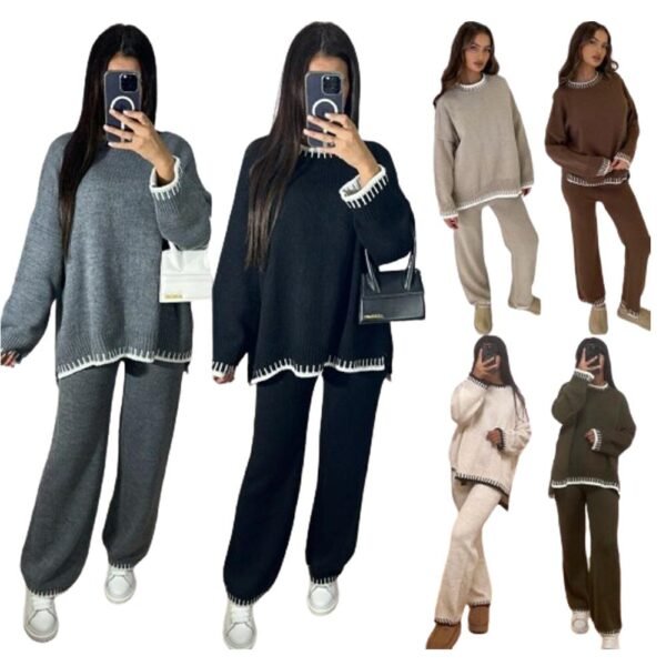 Women's Ladies Knitted Stitched Wide Leg 2PCS Co-ord Suit Sweater Loungewear Set UK 8-16 Womenswear Overalls Comfort Long Sleeve Basic Casual