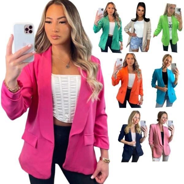 Women Ladies Ruched Sleeve Fully Lined Blazer Collared Casual Formal Jacket 8-14