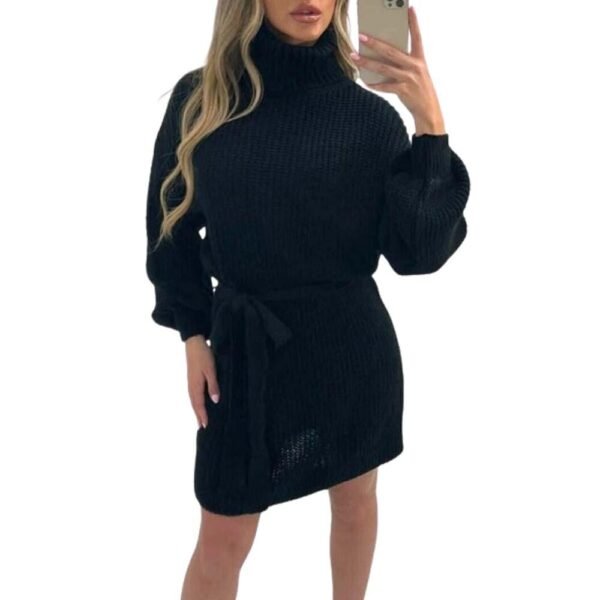 Women's Ladies Knitted Balloon Sleeve Polo Neck Belt Jumper Dress 8-18 Casual Casual Wear Comfort Womenswear