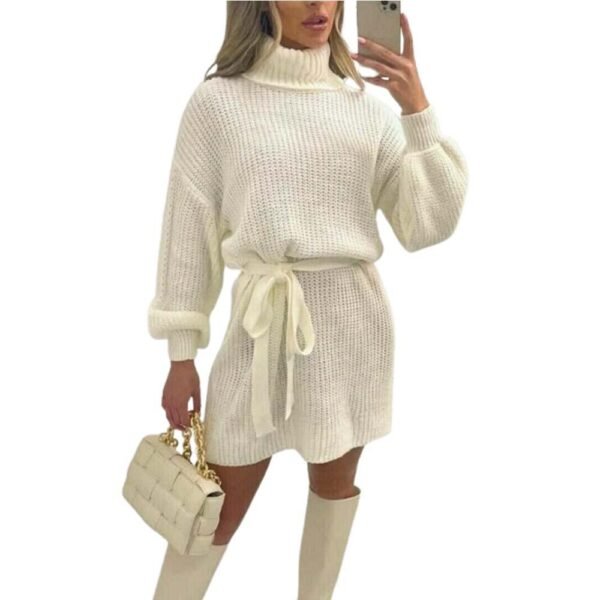 Women's Ladies Knitted Balloon Sleeve Polo Neck Belt Jumper Dress 8-18 Casual Casual Wear Comfort Womenswear