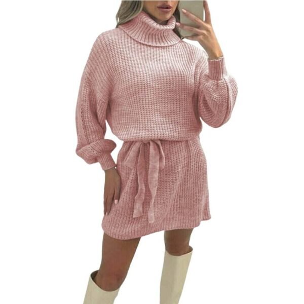 Women's Ladies Knitted Balloon Sleeve Polo Neck Belt Jumper Dress 8-18 Casual Casual Wear Comfort Womenswear