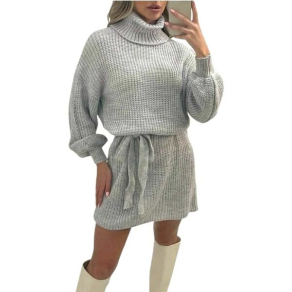 Women's Ladies Knitted Balloon Sleeve Polo Neck Belt Jumper Dress 8-18 Casual Casual Wear Comfort Womenswear