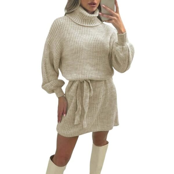 Women's Ladies Knitted Balloon Sleeve Polo Neck Belt Jumper Dress 8-18 Casual Casual Wear Comfort Womenswear