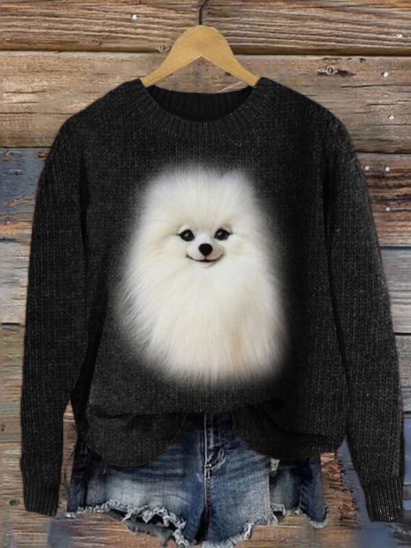 White Pom Dog Plush Cozy Knit Sweater