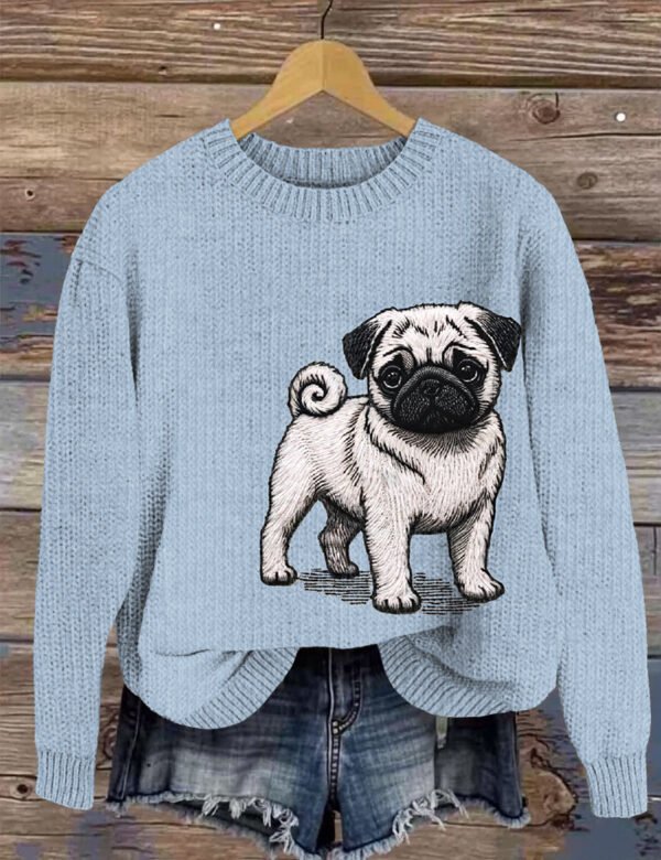 Cute Pug Embroidery Art Women's Cozy Sweater