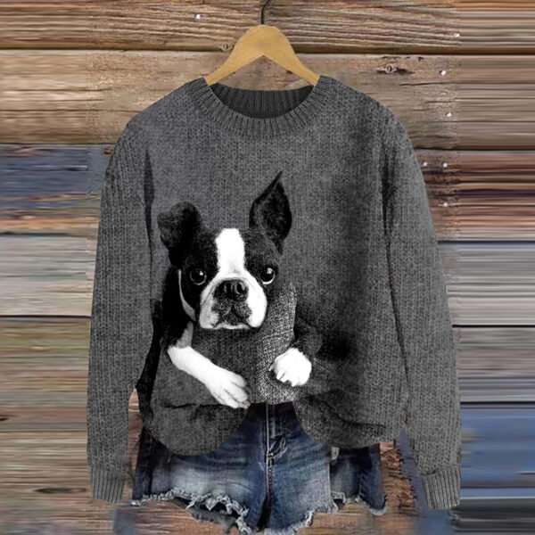 Cute Boston Terrier Lazy Puppy Applique Wool Felt Art Cozy Sweater