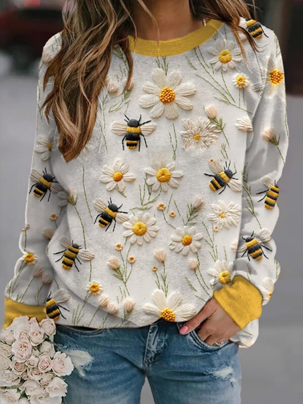 Daisy Bee Embroidery Art Print Crew Neck Casual Sweatshirt