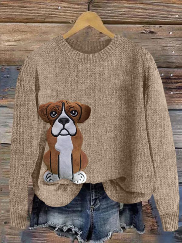 Funny Boxer Dog Applique Art Cozy Sweater