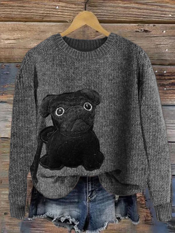 Lovely Black Pug Dog Felt Cozy Knit Sweater