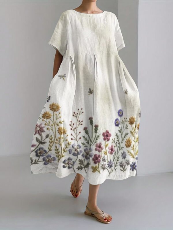 Dragonflies & Flowers Embroidered Hem Linen Blend Maxi Dress