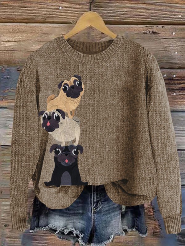 Cute Pug Embroidery Art Women's Cozy Sweater