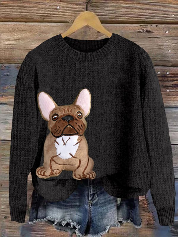 Cute French Bulldog Applique Embroidery Dog Art Cozy Sweater