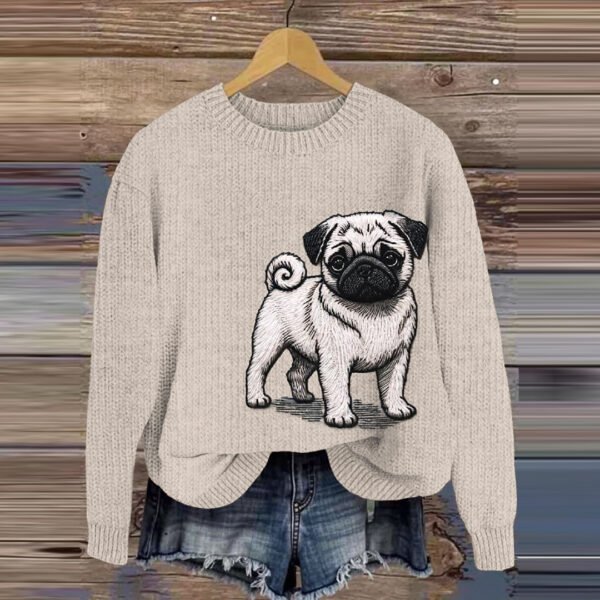 Cute Pug Embroidery Art Women's Cozy Sweater