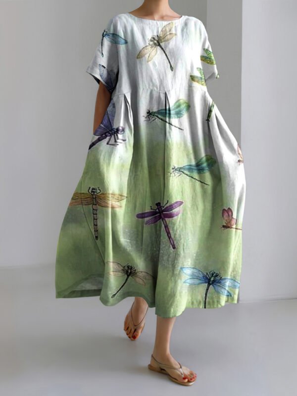 Japanese Gradient Dragonfly Art Linen Blend Casual Dress