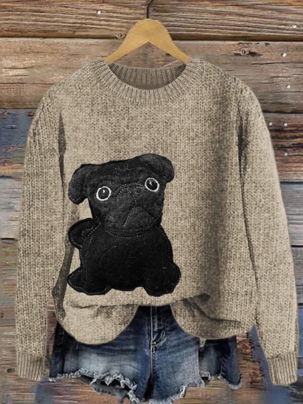 Lovely Black Pug Dog Felt Cozy Knit Sweater