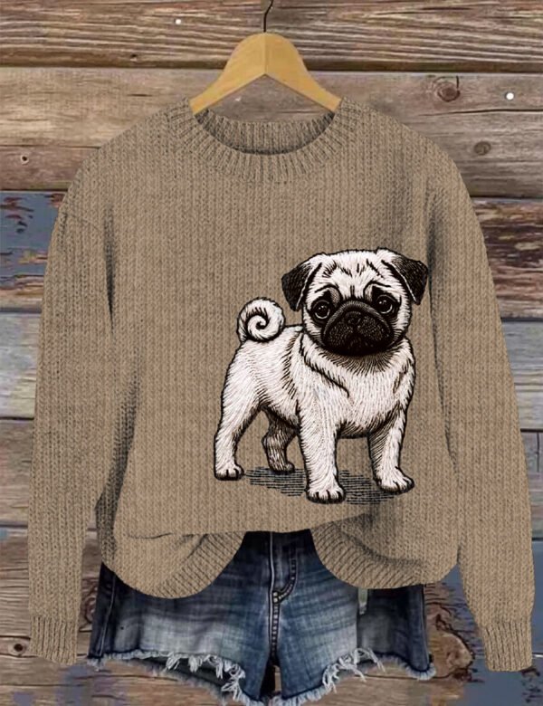 Cute Pug Embroidery Art Women's Cozy Sweater