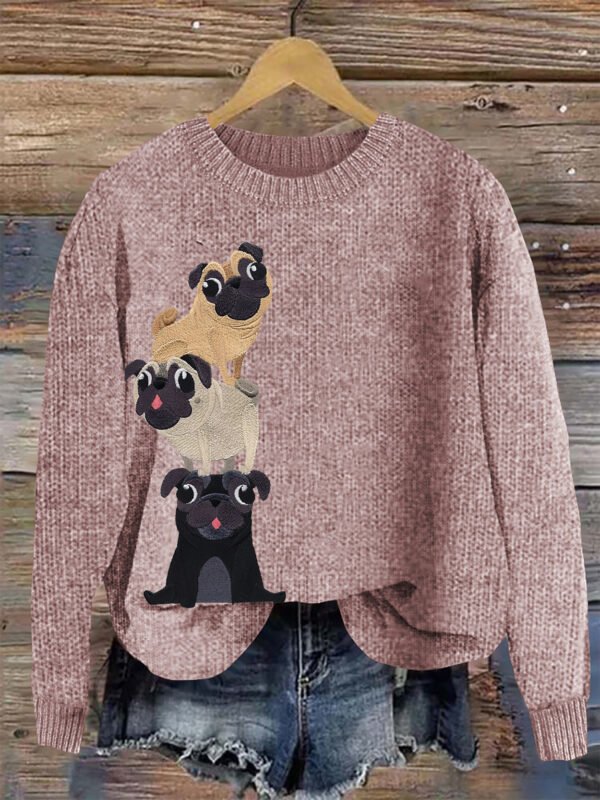 Cute Pug Embroidery Art Women's Cozy Sweater