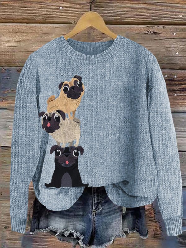 Cute Pug Embroidery Art Women's Cozy Sweater