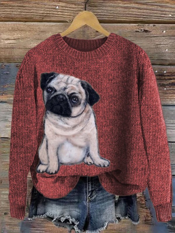 Lovely Pug Dog Wool Art Cozy Knit Sweater