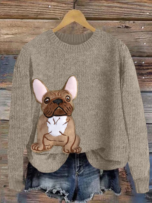 Cute French Bulldog Applique Embroidery Dog Art Cozy Sweater