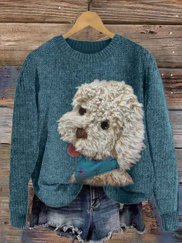 Fuzzy Dog Plush Patchwork Knit Sweater