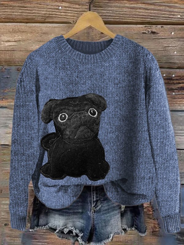 Lovely Black Pug Dog Felt Cozy Knit Sweater