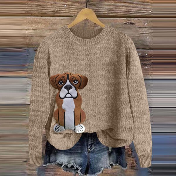 Funny Boxer Dog Applique Art Cozy Sweater