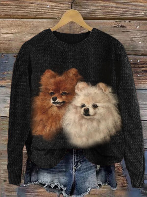 Lovely Pom Dogs Felt Art Cozy Knit Sweater