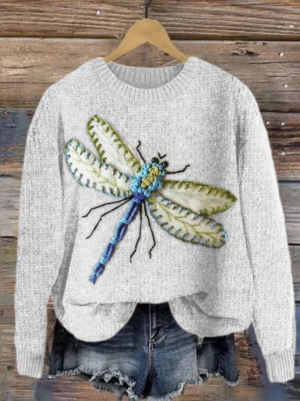 Dragonfly Embroidery Art Casual Cozy Knit Sweater