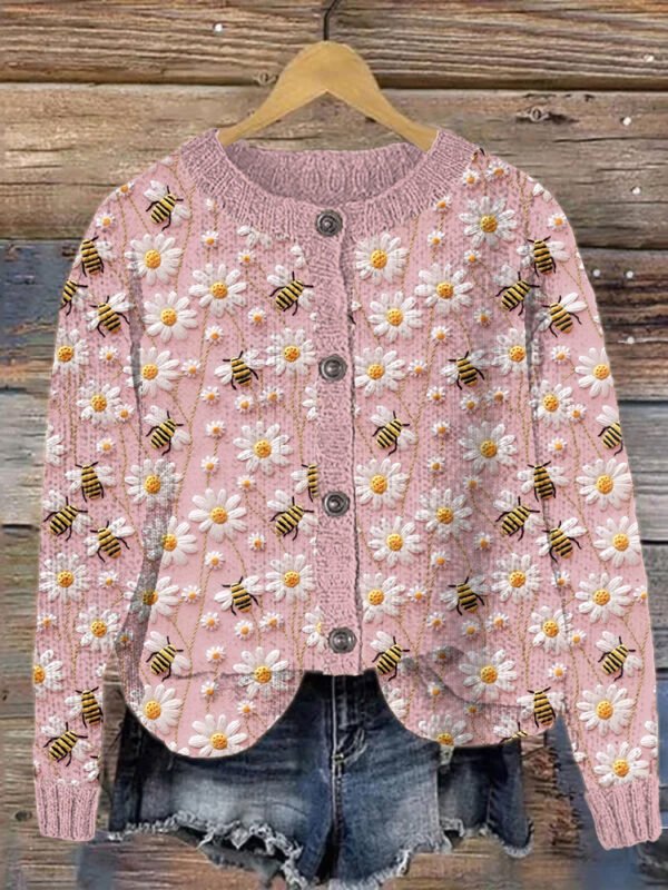 Bee & Daisy Embroidery Art Cozy Knit Cardigan