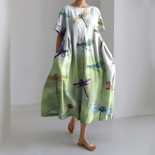 Japanese Gradient Dragonfly Art Linen Blend Casual Dress