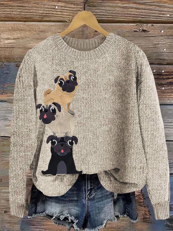 Cute Pug Embroidery Art Women's Cozy Sweater