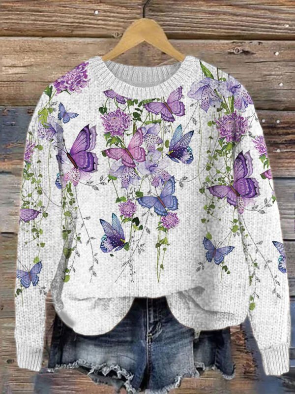 Purple Floral Butterfly Print Cozy Knit Sweater