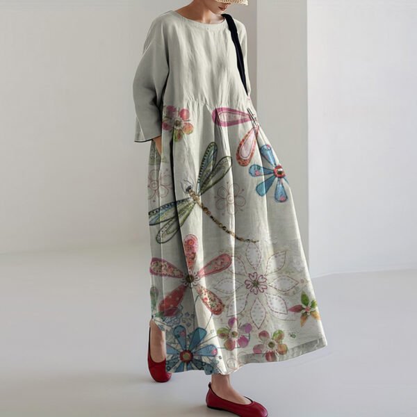 Women's Farm Dragonfly And Floral Linen Blend Maxi Dress