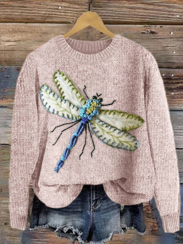 Dragonfly Embroidery Art Casual Cozy Knit Sweater