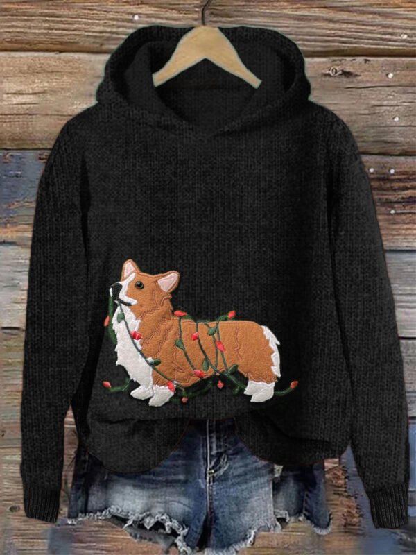 Funny Christmas Corgi Dog Embroidered Cozy Hooded Sweater