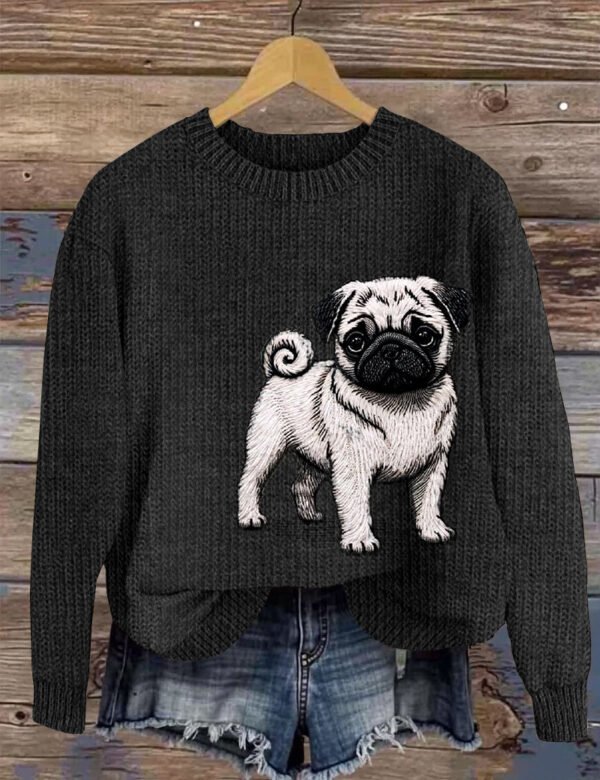 Cute Pug Embroidery Art Women's Cozy Sweater