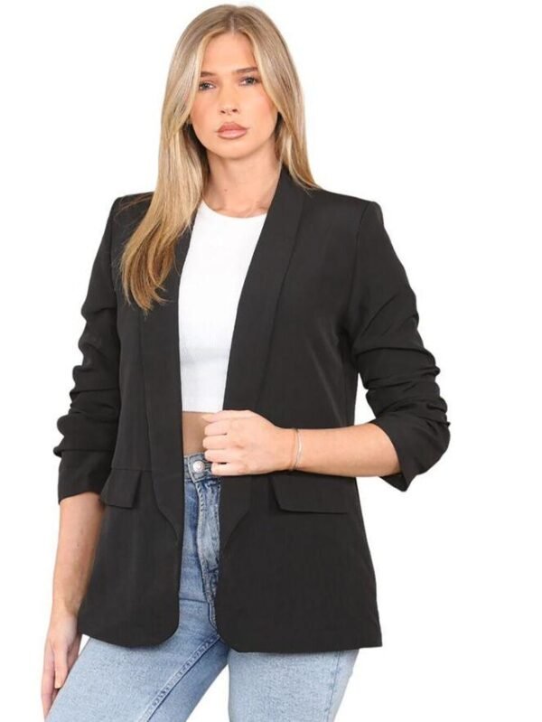 Women Ladies Ruched Sleeve Fully Lined Blazer Collared Casual Formal Jacket 8-14