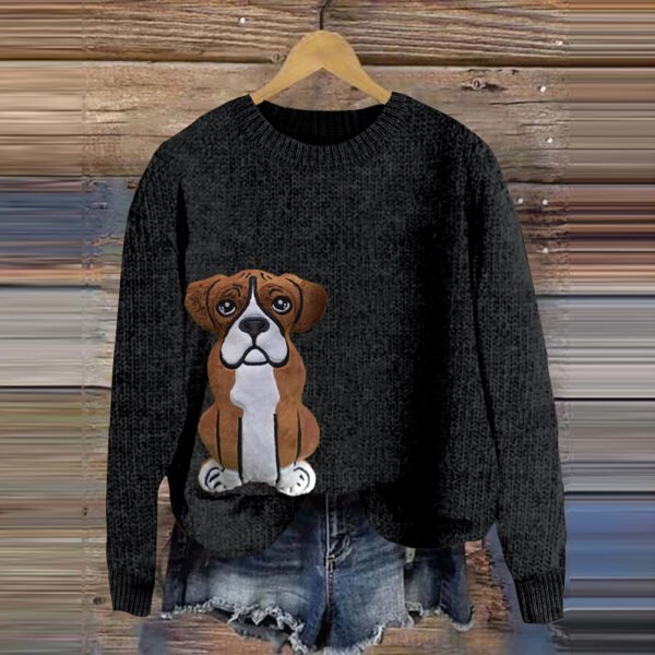 Funny Boxer Dog Applique Art Cozy Sweater