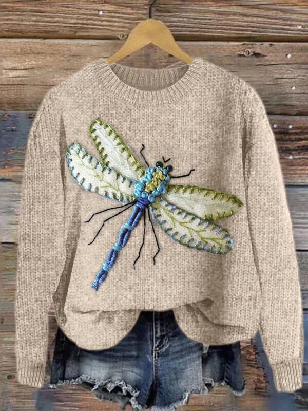 Dragonfly Embroidery Art Casual Cozy Knit Sweater