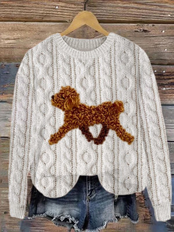 Fuzzy Dog Fringe Embroidered Cable Knit Sweater