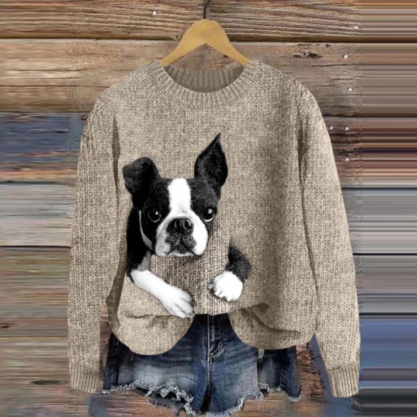 Cute Boston Terrier Lazy Puppy Applique Wool Felt Art Cozy Sweater