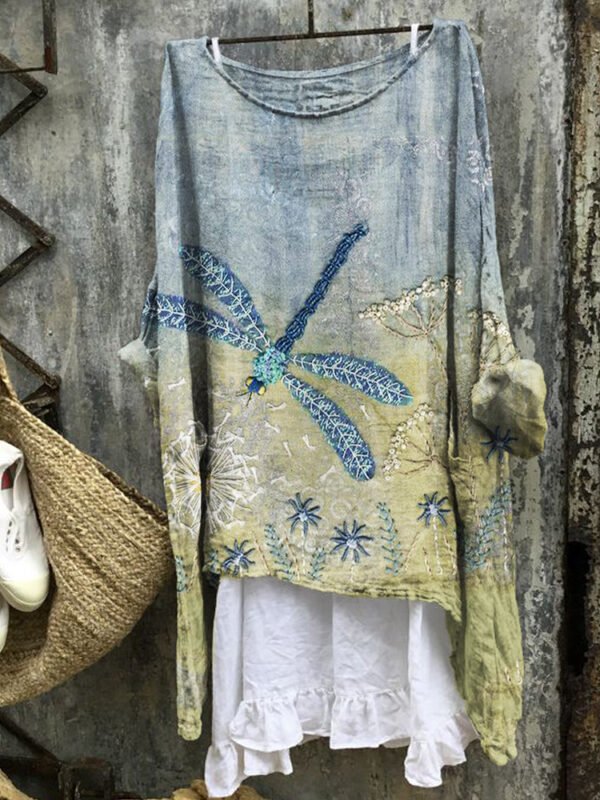 Dragonfly Floral Lace Fiber Art Gradient Linen Blend Tunic