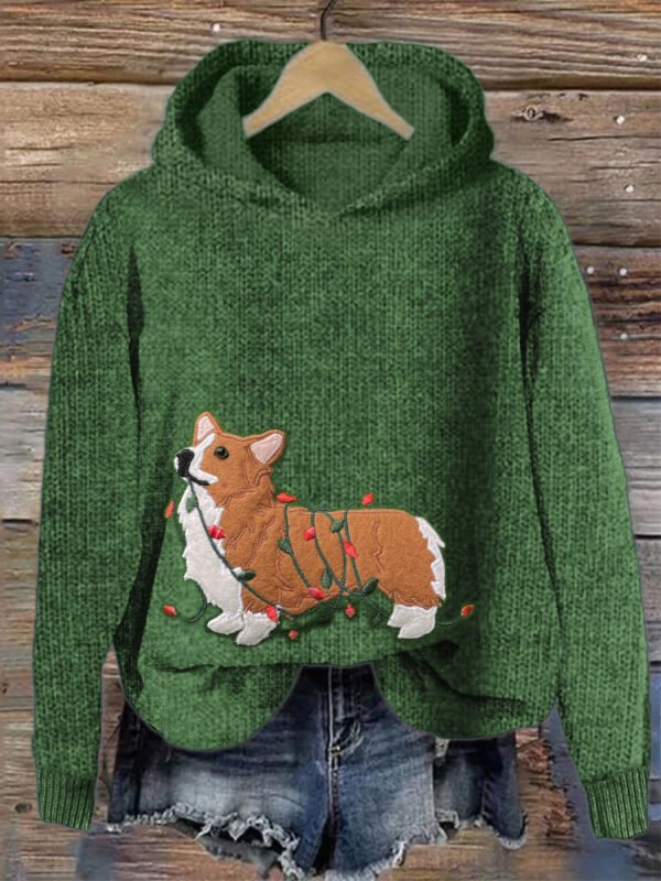 Funny Christmas Corgi Dog Embroidered Cozy Hooded Sweater