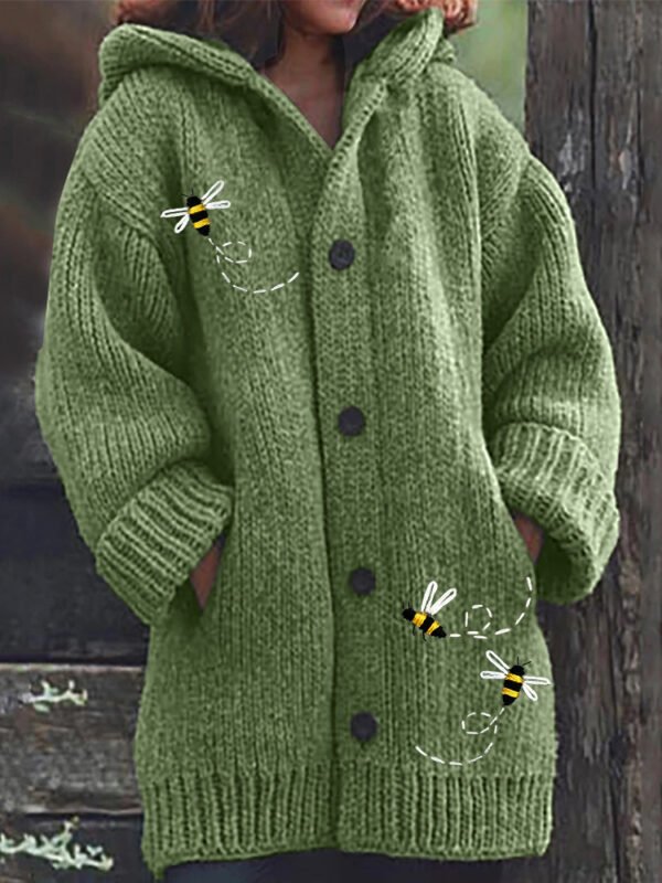 Flying Bees Embroidery Cozy Knit Hooded Cardigan