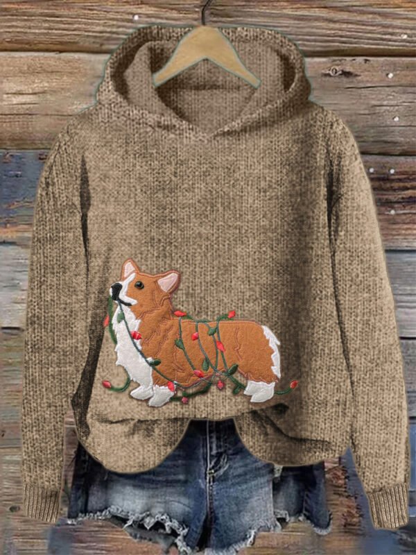 Funny Christmas Corgi Dog Embroidered Cozy Hooded Sweater