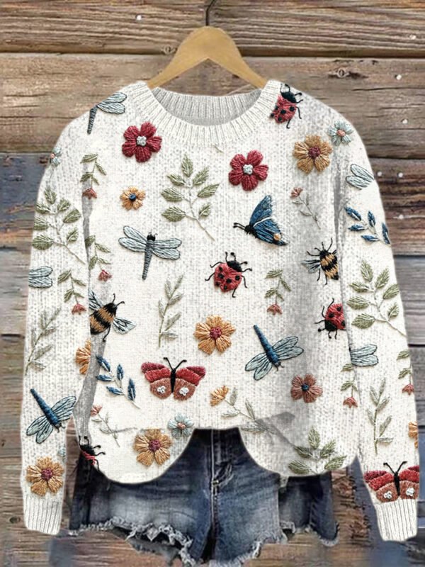 Insect & Flowers Embroidery Art Casual Cozy Knit Sweater