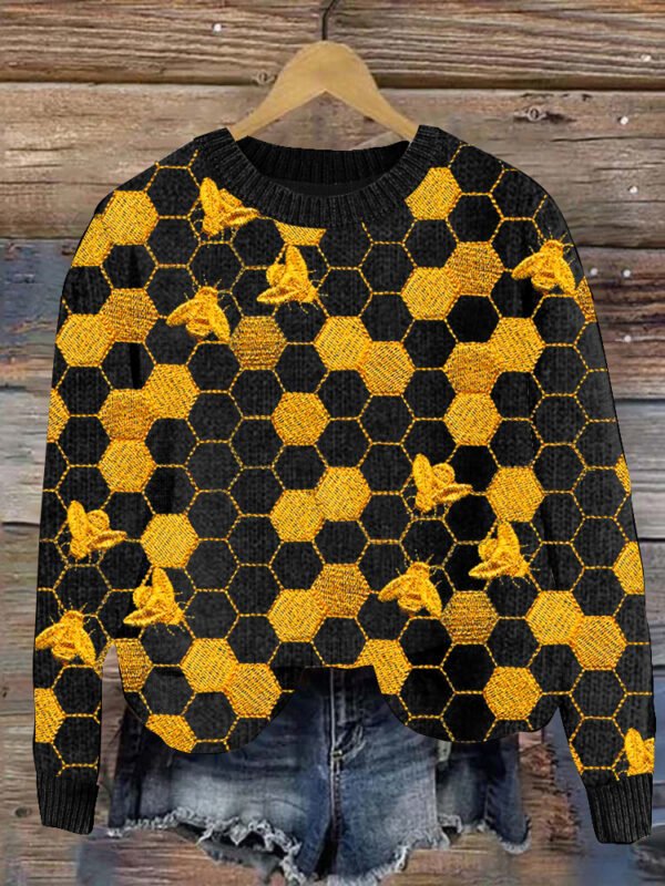 Sweet Golden Honey Bees Embroidery Art Graphics Cozy Knit Sweater