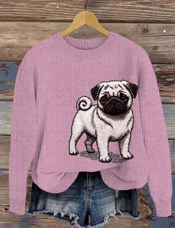 Cute Pug Embroidery Art Women's Cozy Sweater